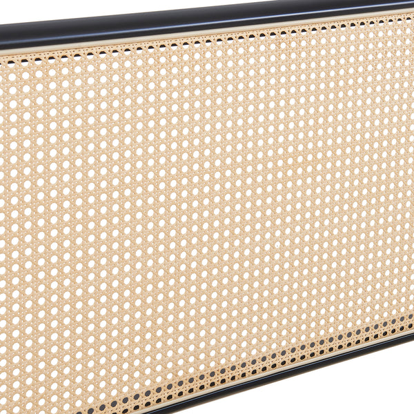 Metalen bed Linköping met rechthoekig hoofd- en voetbord zwart en rotan look [en.casa]