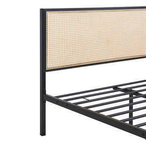 Metalen bed Linköping met rechthoekig hoofd- en voetbord zwart en rotan look [en.casa]
