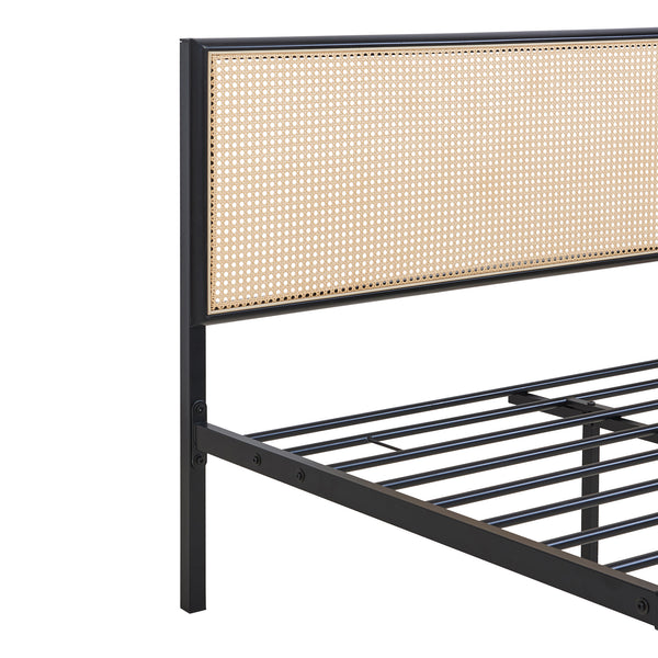 Metalen bed Linköping met rechthoekig hoofd- en voetbord zwart en rotan look [en.casa]