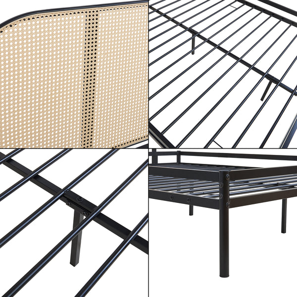 Metalen bed Linköping zwart en rotan look [en.casa]