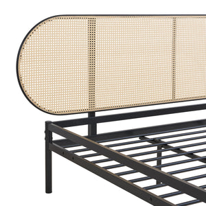 Metalen bed Linköping met matras zwart en rotan look [en.casa]