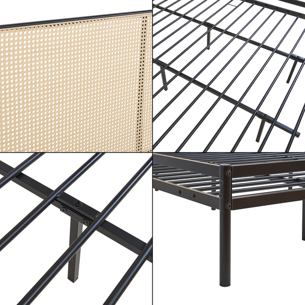 Metalen bed Linköping met matras zwart en rotan look [en.casa]