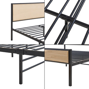 Metalen bed Linköping met rechthoekig hoofd- en voetbord zwart en rotan look [en.casa]