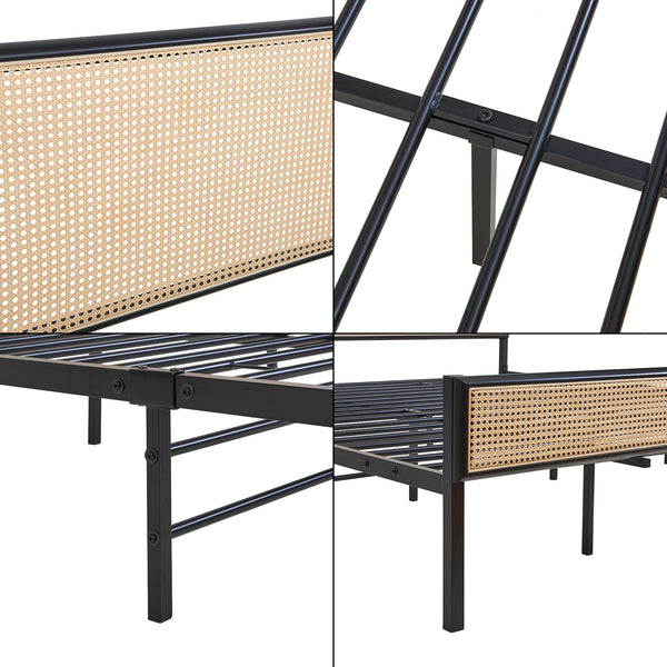 Metalen bed met matras Linköping zwart en rotan look [en.casa]