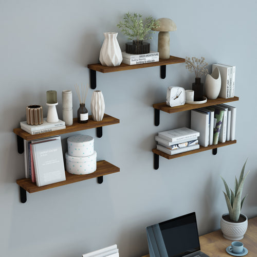 [en.casa] Wandplank set van 5 Frogn 15x90x15 cm houtkleurig en zwart