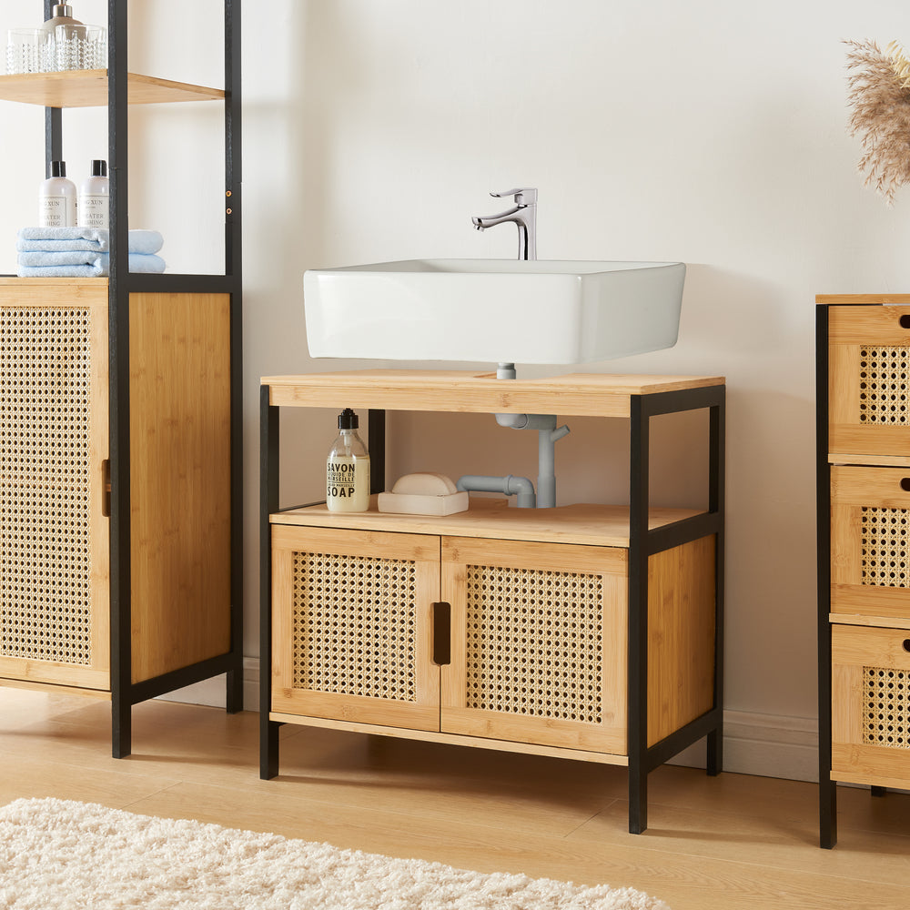 Wasbakonderkast Tervola 60x60x35 cm Zwart/Bamboe [en.casa] - premiumXL