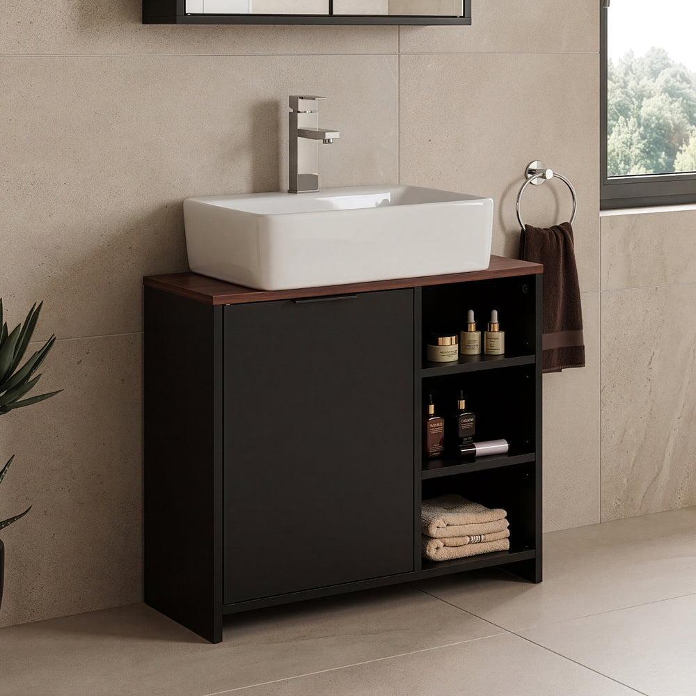 Wastafelonderkast Trond 60x66x30 cm Zwart/Walnootlook [en.casa]