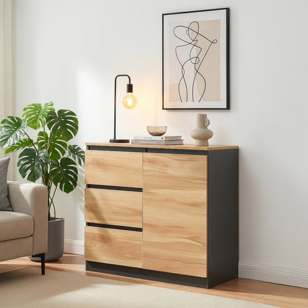 Commode Kyr met deuren en lades zwart en eikenkleurig [en.casa]