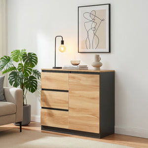 Commode Kyr met deuren en lades zwart en eikenkleurig [en.casa]