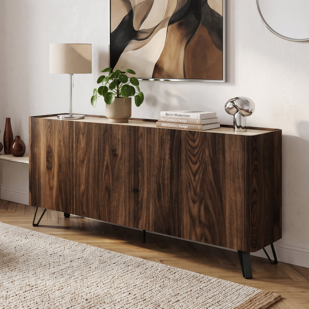 Sideboard Trorlon 160x40x83 cm Notenoptiek/Travertin [en.casa]